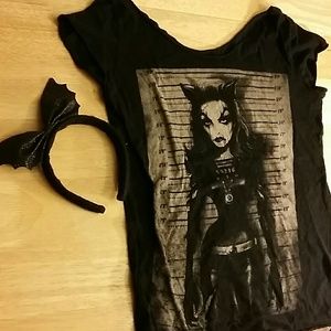 Catwoman t-shirt & bat headband.